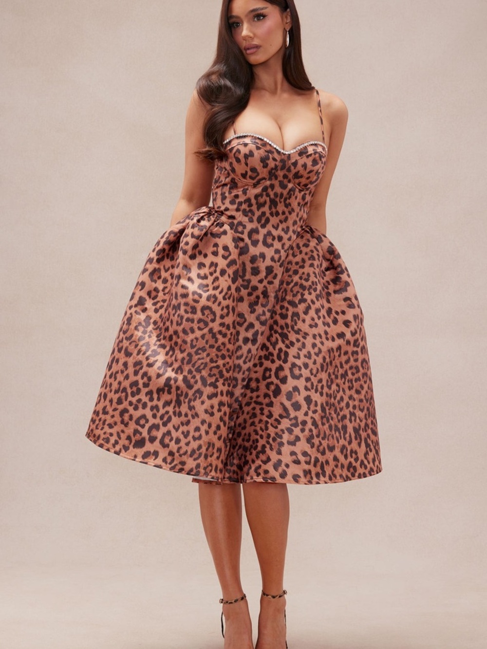 Roaring Love Leopard Satin Midi Dress - Leopard